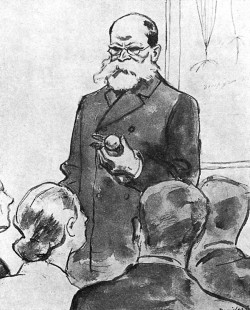 Přednášející Josef Velenovský (1858 až 1949) v karikatuře Huga Boettingera. Foto: Literární atlas československý 2 (B. Vavroušek, ed., Praha 1938)