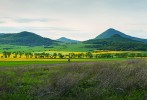 Od Sutomi se otevírá pohled  k pramenům Milešovského potoka,  kde se v dálce tyčí Francká hora  (650 m n. m.) mezi Lhotou (570 m) a majestátní Milešovkou (837 m). Foto K. Horáček