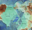 Ledové štíty severní polokoule ve vrcholném období předposledního (světle modré šrafy) a posledního (tyrkysové šrafy) glaciálu podle C. L. Batchelor a kol. (2019). Současné zalednění (modré šrafy) podle RGI Consortium (2023).  Orig. Z. Engel