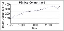 Vývoj početnosti pěnice černo­hlavé (Sylvia atricapilla) v ČRv České republice (výchozí stav = 100 %). Upraveno podle: Jednotný program sčítání ptáků (JPSP)