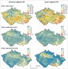 Geografické rozložení druhového bohatství travinné a lesní vegetace České republiky. Počty druhů jsou vztaženy k plochám 16 m2 pro travinnou a 400 m2 pro lesní vegetaci. Bílá místa v mapách označují území, kde se podle satelitních snímků nenachází daný typ vegetace nebo kde zaujímá jen nepatrnou plochu. Podle: J. Divíšek a M. Chytrý (2018)