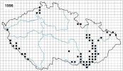 Jedna z map ilustrujících proces šíření bobra evropského (Castor fiber) v České republice. Stav v r. 1996. Černé body  zobrazují potvrzený trvalý výskyt  alespoň jednoho teritoria bobrů v daném kvadrátu a vycházejí ze sítě KFME  používané zejména dříve  v česko-slovenské zoologii i botanice. Orig. Česká zemědělská univerzita  v Praze