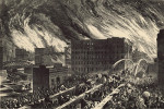 Požár Chicaga v r. 1871. The Rush  for Live over Randolph Street Bridge, Harper’s Weekly (Hromadný úprk o život přes most v Randolphově ulici). Rytina podle kresby Johna R. Chapina. Převzato z Wikimedia Commons, v souladu s podmínkami použití 