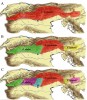 Diverzita a rozšíření endemických druhů rodu Euscorpius v Alpách. A – druhové pojetí podle tradiční taxonomie založené na morfologických znacích (E. germanus); B – rozdělení na základě molekulárně fylogenetických analýz (E. alpha,  E. germanus a E. gamma); C – výskyt  6 samostatných alpských linií na základě karyologických dat. Originál J. Plíšková.