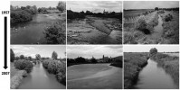 Srovnání tří lokalit, zleva Odra u Petřvaldíku, Bečva u Hranic a Kyjovka u Lužice v r. 1957 (nahoře) a r. 2007 (dole). Snímky z archivu autorů
