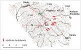Anemo-orografické (A-O) systémy Vysokoholského hřbetu: M – lokální vítr Merty, DD – lokální vítr Divoké Desné; závětrné turbulence (shora) pod Petrovými kameny, ve Velké kotlině a v Malé kotlině. Upraveno podle: J. Jeník (1961)