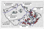 Mapa historického a současného výskytu jasoně dymnivkového (Parnassius mnemosyne) v České republice s vyznačením teoretických  hranic areálu odlišovaných forem.  Prázdný kroužek označuje místa, kde druh vymřel do r. 1950, modré kroužky vyhynutí do r. 2000, červené pak výskyt potvrzený po r. 2000. Orig. V. Vrabec s využitím vlastních údajů a dat  z Nálezové databáze ochrany přírody (Agentura ochrany přírody a krajiny ČR)