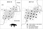 Srovnání výskytu vlka obecného (Canis lupus) na česko-slovenském pomezí v letech 2012–16 a 2017–21 na úrovni kvadrátu 10 × 10 km. Zdroj dat (obr. 2, 3 a 5): M. Kutal a kol. (2017), S. Hájková (2022), databáze Hnutí DUHA Šelmy a telemetrická data Ústavu ekologie lesa MENDELU a Tatranského národního parku, Polsko