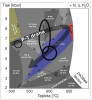 Ukázka termodynamického modelování. Diagram znázorňuje pole stability minerálů v teplotně-tlakovém prostoru (P–T). Zvýrazněná pole ukazují významné minerály, skutečně pozorované v hornině. Ve všech polích je navíc biotit, křemen a voda. Zkratky: bi – biotit, q – křemen, mu – muskovit, pa – paragonit, ilm – ilmenit, ru – rutil, ky – kyanit, g – granát, st – staurolit, and – andalusit, sill –  silimanit, pl – plagioklas, ksp – draselný živec, ep – epidot, chl – chlorit,  cd – cordierit. Upraveno podle: V. Peřestý a kol. (2017)