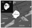Radiometrické určení stáří – datování zrna monazitu in situ. Datovat lze  i několik růstových domén v rámci  jednoho zrna. Čísla udávají věk jednotlivých domén v milionech let. Upraveno podle: V. Peřestý a kol. (2017)