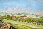 Město Libochovice, kde se v r. 1787 Jan Evangelista Purkyně narodil.  Kolorovaná litografie z počátku 19. stol. Ze sbírek,  archivu a knižního fondu Národního muzea – Náprstkova muzea asijských, afrických a amerických kultur