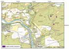 Mapa rozšíření druhu v Českém krasu (lokality fialově). Nápadná je vazba na západní svahy. Podklad Český úřad zeměměřický a katastrální. Orig. J. Brůna