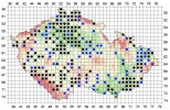 Šíření křižáka pruhovaného v České republice – stav v r. 2007. Zeleně původní výskyt v 50. letech 20. stol.,  červeně první novodobé nálezy, modře nově obsazená území oproti předchozí mapě. Orig. P. Dolejš a K. Rückl