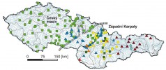 Výskyt různých fylogenetických linií druhového komplexu blešivce potočního (Gammarus fossarum) na území bývalého Československa. Upraveno podle: D. Copilaş-Ciocianu a kol. (2017)