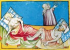 Lékař u lůžka nakažených morem vzhlíží k obloze, z níž se snaží určit  astrologickou příčinu černé smrti a vyprosit zázračné uzdravení. Středověká  iluminace z Toggenburské bible, r. 1411