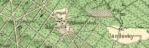 Pohled na dnes zaniklou obec  a sklárnu v Jiříkově údolí. Mapový list 4453 z III. vojenského mapování 1877–80. Měřítko 1 : 75 000. Převzato z www.oldmaps.geolab.cz; digitalizace Agentura ochrany přírody a krajiny ČR, Laboratoř geoinformatiky Univerzity J. E. Purkyně, v souladu s podmínkami použití