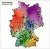 Řepík lékařský (Agrimonia eupatoria) jako příklad druhu s vysokou genetickou diferenciací – mapa rozložení 6 výsledných typů. Orig. W. Durka, S. Michalski a J. Höfner