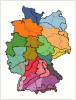 Odborný návrh rozdělení Německa na 19 regionů (rozlišených barevně) jako kompromis mezi algoritmickým řešením a minimalizací změny hranic (silné linie – hranice současných 22 regionů). Více v textu. Orig. W. Durka, S. Michalski a J. Höfner