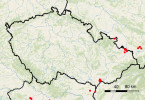 Mapa lokalit okáče jílkového (Lopinga achine) v České republice a v okolí se zanesením nálezů po r. 2000. Dnes se u nás vyskytuje velmi lokálně na jihovýchodní Moravě a ve Slezsku. Patrná je geografická blízkost lokalit v Horním Slezsku oproti lokalitám jihomoravským. Orig. M. Cabejšek 