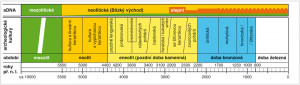 Proměny populací zkoumané části českého pravěku v kontextu jeho standardního archeologického členění; aDNA – archaická DNA, neolit – mladší doba kamenná. Orig. M. Ernée a M. Dobeš