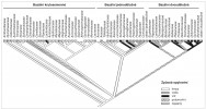 Rekonstrukce evoluce způsobu opylo­vání krytosemenných rostlin. Chybějící čtverečky u čeledí značí neznámý způsob opylování. Polymorfní způsob opylování znamená, že daná čeleď rostlin zahrnuje více typů opylování, např. druhy  větrosnubné i hmyzosnubné. Převzato  a upraveno podle: S. Hu a kol. (2008)