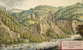 Týřov v 19. století. Malba od Jana Antonína Venuta z r. 1822 zachycuje holé, erozí vypreparované svahy nad Berounkou, dále bezlesé (dnes zalesněné) kopce – zleva Na Budkách, Vápenný vrch a Vosník – a v popředí zříceninu hradu Týřov. 