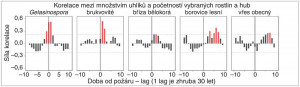 Paleoekologický záznam průběhu sekundární sukcese po požárech v eneolitu a době bronzové v oblasti Adršpašských skal. Červené sloupce označují pozitivní korelaci mezi zvýšeným množstvím uhlíků (požár) a nárůstem početnosti vybraných rostlin a hub. Na vodorovné ose lze odečíst, v jaké sukcesní fázi se druh vyskytuje nejhojněji (kladná hodnota lag je doba od požáru, 1 lag odpovídá úseku 30 let). Nejprve nastupují byliny, např. z čeledi brukvovitých (Brassicaceae), a houby rostoucí na spáleném substrátu (rod Gelasinospora). Následuje fáze pionýrských dřevin, např. břízy bělokoré (Betula pendula), a konečné stadium tvořené borovicí lesní (Pinus sylvestris) s podrostem vřesu obecného (Calluna vulgaris). Orig. P. Bobek