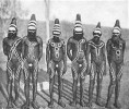Taneční shromáždění domorodých Austrálců zvané korrobori. Těla mají pomalována po vzoru výstražného  zbarvení paropuchy. Fotografie převzaty v souladu s podmínkami použití, 