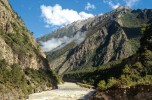 Údolí mezi tibetskými městy Ra’og (Rawu) a Pomi s prořídlými porosty poddruhu borovice zhuštěné (Pinus densata subsp. tibetica) na horní hranici výskytu ve výšce okolo 3 500 m n. m. Borovice zhuštěná trpasličí (Pinus densata var. pygmaea), detail větví s několika ročníky pevně zavřených šišek, představujících znak adaptace na požáry. Čína, v severovýchodním cípu provincie Jün-nan, okres Čchiaoťia, hory severozápadně od města Tačchiao v nadmořské výšce 2 530 m, říjen 2013.  Foto R. Businský