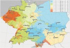 Mapa studovaných měst – barevnými odstíny jsou vyznačeny rozdílné klimatické oblasti střední a severozápadní Evropy. T označuje průměrnou roční  teplotu, P roční úhrn srážek a delta T charakterizuje rozdíl mezi průměrnou červencovou a lednovou teplotou – jde o hodnotu, která odpovídá tzv. kontinentalitě. Podle: Z. Lososová a kol., Journal of Biogeography (2011)