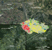 Rozšíření nářečí strnada obecného (Emberiza citrinella) zjištěné v letech 2011–16 v České republice a výskyt lokálních dialektů (světlé body v orto fotomapách, tmavošedé body jsou smíšení zpěváci střídající dva dialekty). Charakter lokálních dialektů je znázorněn schematicky, více informací a spektrogramy konkrétních nahrávek najdete v kuléru na str. LVIII–LIX. Upraveno podle: L. Diblíková a kol. (2019), aktualizováno