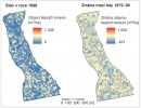 Prostorová distribuce tlejícího dřeva v Boubínském pralese – vlevo stav v r. 1996, vpravo změna v rozložení  tlejícího dřeva v období let 1972–96. Upraveno podle: K. Král a kol. (2011)