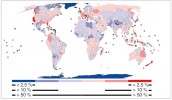 Oblasti s největší druhovou bohatostí nepůvodních rostlin a živočichů (data vy­jádřena souhrnně pro rostliny, mravence, pavouky, ryby, obojživelníky, plazy, ptáky a savce). Odstíny červené barvy jsou znázorněna území, kde počet naturalizovaných druhů převyšuje očekávanou diverzitu, modře oblasti na tyto druhy chudé.  Nejtmavší odstín barvy představuje  2,5 % regionů s nejnižší, resp. nejvyšší  diverzitou naturalizovaných druhů.  Upraveno podle: W. Dawson a kol. (2017)