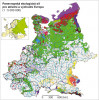 Mapa Panevropské ekologické sítě (PEEN) střední a východní Evropy. Legenda zahrnuje čtyři kategorie: rozměr (ve vztahu k jádrovým územím) I, II a III (5×, 1,5× větší, než je kritický rozměr  pro přežití většiny druhů, a suboptimální velikost, kde je žádoucí propojení se zdrojovými okrsky); jádrová území – 9 typů (od mokřadů po stepi); koridory – dva typy (lesní, vodní s odstupňováním  přes mokřady k vlhkým trávníkům);  jiné symboly – např. zástavba nebo pole.  Podle: R. H. G. Jongman a kol. (2011). 