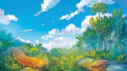 Pohled do karbonského pralesa. Tvořily ho stromovité plavuně, přesličky, kapradiny a primitivní nahosemenné rostliny. Díky těmto lesům bylo v atmosféře více kyslíku než dnes, proto mohli bezobratlí dorůstat obřích rozměrů – např. vážka rodu Meganeura s rozpětím křídel 50 cm (vpravo). Orig. I. Vyhnánková (vítězka hlasování diváků)
