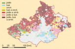 Příklad prostorového zpracování  historických dat z Josefského katastru  po analýze v prostředí GIS (geografických informačních systémů).  Mapa ukazuje oblast historické Moravy kolem r. 1790 a zpracovává zastoupení smrku, jedle a buku v katastrech obcí. Přestože data nejsou k dispozici pro každé katastrální území a mezi dominantními dřevinami chybějí borovice a dub,  je patrné, že ve vyšších nadmořských výškách převládají jehličnany.  Zdroj: databáze LONGWOOD (www.longwood.cz)