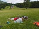Odečítání mikromapy na zkoumané lokalitě v Krkonoších. Braunovy Boudy.  Foto V. Hadincová a S. Pecháčková