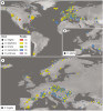 Geografická distribuce diverzity  ploidních úrovní komplexu p. křehkého a příbuzných druhů (C. tenuis, C. reevesiana a C. protrusa ve Spojených státech amerických). Znaky představují  jednotlivé druhy a barvy jejich ploidii.  Sběry puchýřníků na celosvětové úrovni (obr. a), lokality a ploidie p. vápencového (C. alpina, b), detailní pohled  na sebrané populace p. křehkého  v Evropě (c). Upraveno podle:  K. Hanušová a kol. (2019)