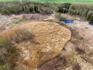 Pohled z dronu na rákosinu u Císařského pramene, který se nachází vlevo mimo fotografii. Tato rákosina rozdělila původní velké slanisko na dvě.  V pozadí osada Hájek (11. dubna 2017).  Foto V. Řežábek