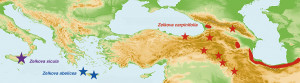 Současné rozšíření zástupců rodu Zelkova v západní Eurasii – zelkovy krétské (Z. abelicea), z. habrolisté (Z. carpinifolia) a z. sicilské (Z. sicula). Podle údajů zejména z publikace G. Kozlowski a J. Gratzfeld (2013). Orig. autoři článku