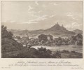 Pohled na Libochovický zámek a zříceniny Hazmburku. Litografie kolem r. 1830, jejíž autorem je rakouský grafik a malíř Ludvík Arnošt Buquoy, pocházející z českého hraběcího rodu Buquoyů
