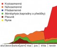 Evoluce cévnatých rostlin na časové ose a schematické vyjádření zastoupení jednotlivých skupin. Orig. M. Štech, podle různých zdrojů