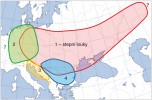 Rozšíření čtyř hlavních typů širokolistých suchých trávníků ve střední  a vý­chodní Evropě podle W. Willnera a kol. (2019); 1 – (sub)kontinentální trávníky = stepní louky (svaz Cirsio-Brachypodion), 2 – (sub)atlantské trávníky  (svaz Meso­bromion), 3 – jaderské trávníky (svaz Scorzonerion villosae), 4 – balkánské trávníky (svaz Chrysopogono-Dan­thonion). Celkové rozšíření svazů bude možné po­soudit, až budou vyhodnocena data ze západní a jižní Evropy a západní Sibiře. V oblastech, kde se areály překrývají, jednotlivé typy obvykle rostou na různých stanovištích (např. v rozdílných nadmořských výškách). Orig. J. Roleček